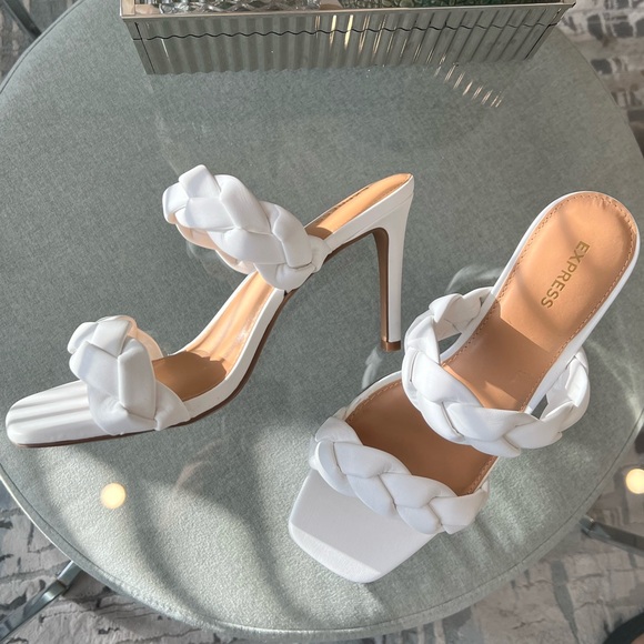 Express Shoes - Express Braided Strap Sandal Heels - White Size 10